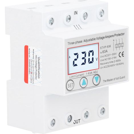 Protecteur de tension réglable triphasé LCD multifonctionnel à réarmement automatique STVP936 230 V 400 V CA (63 A) (1/5)