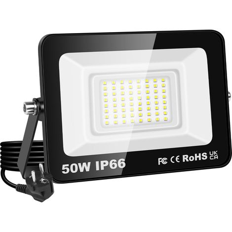 Projecteur LED 50W, étanche IP66, éclairage de sécurité 5000 lm, applique murale extérieure blanc froid 6500K pour jardin, cour, garage, terrasse, entrepôt, avec prise UE (1 pièce)