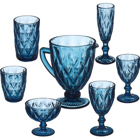 Lot de 7 verres, cruche, bol à glace, 2 gobelets à eau et vin, coupes adaptées pour le lave-vaisselle, bleu (1/5)