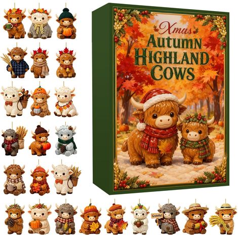 Adventskalender „Hochlandrind“ 2026 – 24 Teile – mehrfarbig – Acryl – 2D – Weihnachts- und Herbstmotiv – Hängende Ornamente – Sammelbare Mini-Dekorationen – Geeignet für Weihnachtsbaum und Innendekora (1/5)