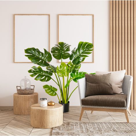 Planta artificial Monstera 120x20x20 cm, aspecto realista, con maceta, cemento, verde (1/5)