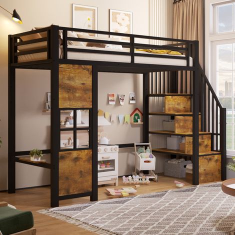 Cama alta infantil (90x200 cm), con escalera con almacenaje, zona de juegos inferior, metal y MDF negro (1/5)