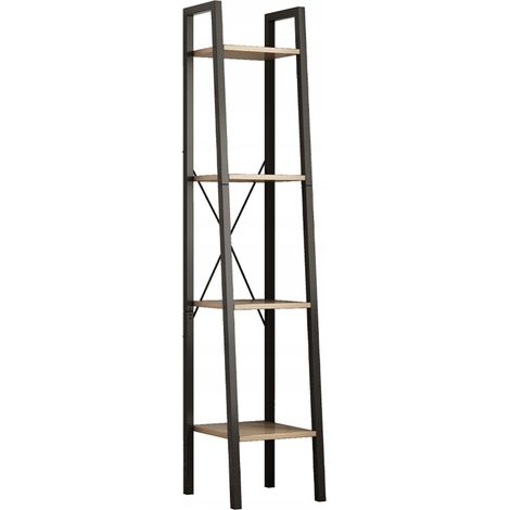 Libreria alta in stile industriale, con 4 ripiani e design a scaletta, colore marrone scuro. (1/4)