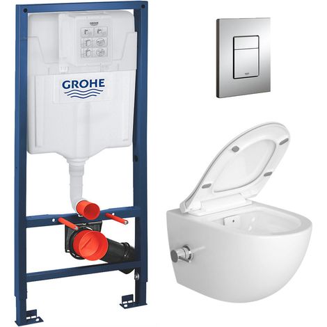 Pack WC Bâti-support Rapid SL + WC sans bride avec fonction bidet thermostatique + Plaque chrome