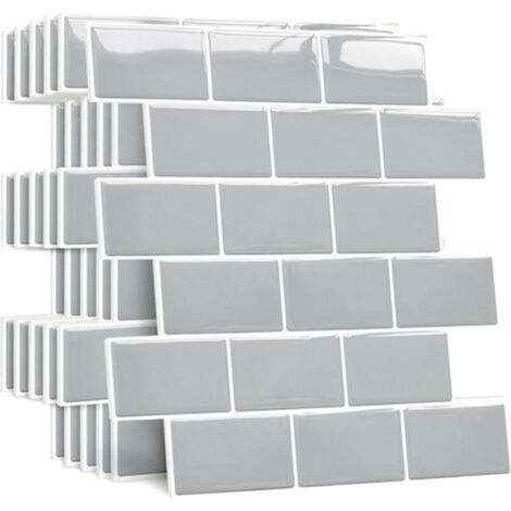 (Grau) 10 Stück dickere selbstklebende Rückwand für Küche, Bad, weiße selbstklebende Fliesen für Küchenrückwand, wasserdichte 3D-Metro-PVC-Wandpaneele