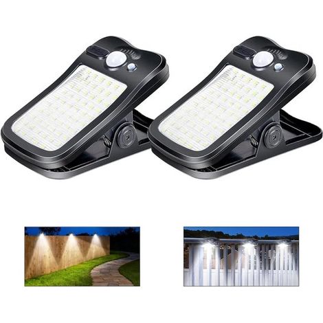 Lámpara solar de exterior con clip,3 niveles de intensidad,60 luces LED,500 lúmenes,recargable por USB,juego de 2 unidades,color negro