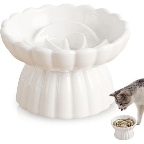 Bol en céramique anti-glouton pour chat surélevé, bol anti-glouton pour chat, bol à alimentation lente pour chat, pour chats et petits chiens - Blanc, 14 x 8,5 cm (1/5)