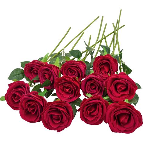 12 Pièces Texture Veloutée Fausses Fleurs Roses rouges,19.29in Roses Artificielle pour Bouquets de Mariée, Home, Mariages, Décorations de Fête (1/5)