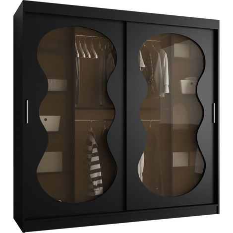 Armoire Hartford 532, Noir, 200x200x62cm, Portes d'armoire: Coulissantes, Nombre d'étagères: 9