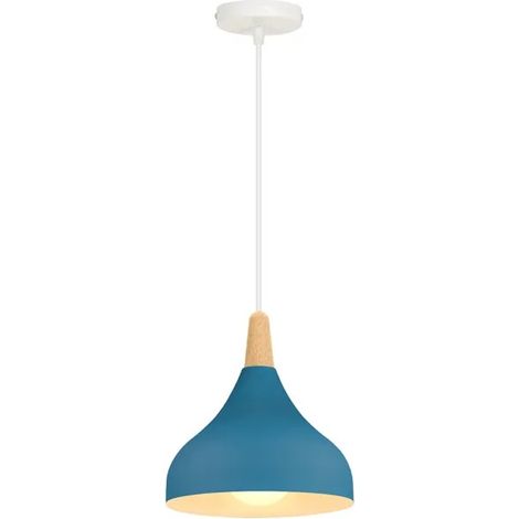 Lustre Suspension Moderne 20cm,E27 Lampe de Plafond Vintage Abat-jour en Metal Bois Style Goutte Chapeau Retro Luminaire,Bleu (1/5)