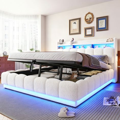 Cama con almacenamiento de 180x200 cm con sistema hidráulico, LED, USB y toma de corriente, estructura metálica, tejido loop - blanco (1/5)