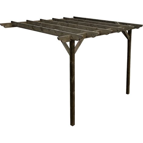 Lean to wooden garden pergola kit - Dinasty design wall mounted gazebo, 1.8m x 4.2m (Rustic brown finish) (1/4)