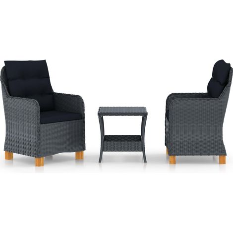 3-tlg. Garten-Lounge-Set mit Auflagen Poly Rattan Dunkelgrau