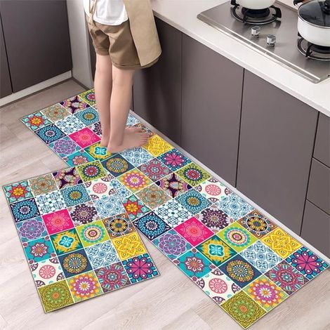 Non-Slip Washable Kitchen Mat Set, 2-Piece (40x120cm & 40x60cm), Floral Pattern Floor Mat for Living Room and Bedroom