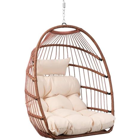 Chaise‑œuf Suspendue sans Support avec Coussin Protection solaire, Pliable, Charge max 204 kg pour Intérieur, Chambre, Extérieur, Brun rougeâtre (1/5)