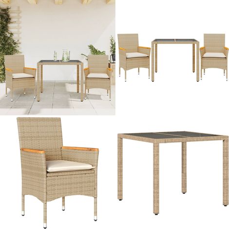 Set da Pranzo da Giardino 3 pz con Cuscini Polyrattan e Vetro - Tavolo da giardino - Sedie da giardino
