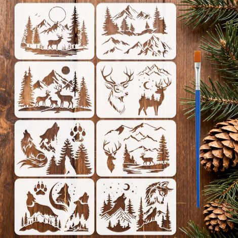 8Pcs Pochoir Loup Cerf Avec Pinceau Plastique 21x29.7cm Modèle Faune Montagne Forêt Pochoir Soleil Lune Empreinte Patte Modèle Thème Animal pour Peinture sur Bois Meuble (1/5)