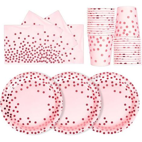 72 Pièces Vaisselle Jetable, Assiettes 18 cm Or Rose, Gobelets Papier Épais, Serviettes Fête, Mariage Anniversaire (1/5)