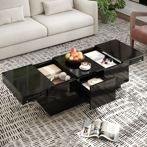 Tavolino da caffè 100 x 31 x 50 cm, moderno, con vano scorrevole e 2 cassetti, truciolare, nero lucido (1/5)