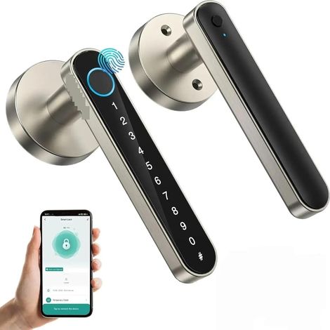 Serrure de Porte Intelligente à Empreintes digitales, Serrure de Porte d'entrée sans clé avec poignée, Cartes APP/IC/Codes/clés/Empreintes digitales, électronique biométrique (1/5)