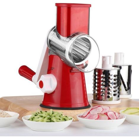 Coupe-légumes manuel, râpe à tambour, coupe-légumes en acier inoxydable, moulin à fromage, avec 3 inserts de tambour - rouge (1/4)