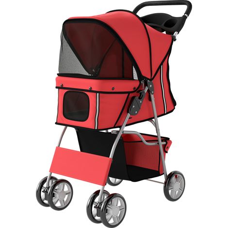 Poussette pliable pour animaux – Chariot de transport chien et chat – Avec porte-gobelet et panier de rangement – 75 x 45 x 97 cm – Rouge (1/5)