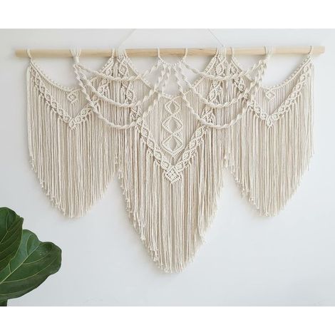 Grande tenture murale en macramé, style bohème, tissée à la main avec pompons, décoration artisanale, art mural en corde de coton naturel beige, décoration murale bohème chic pour chambre à coucher