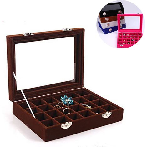 Boite De Rangement Bijoux - Plateau 24 Compartiments Avec Couvercle En Verre Transparent Et Serrure - Tissu Velours Glacé - 1 Pièce (1/5)
