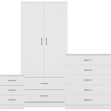 Riano 3 Piece Bedroom Set (3 Drw Bedside Chest, 5 Drw Chest, 2 Door 2 Drw Wardrobe), White (1/3)