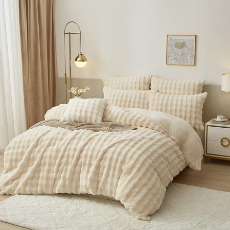Parure de lit en peluche 155 x 220 cm Chaude Pour l'hiver Blanc crème Douce et moelleuse Housse de couette réversible avec fermeture éclair et 2 taies d'oreiller de 80 x 80 cm (1/5)