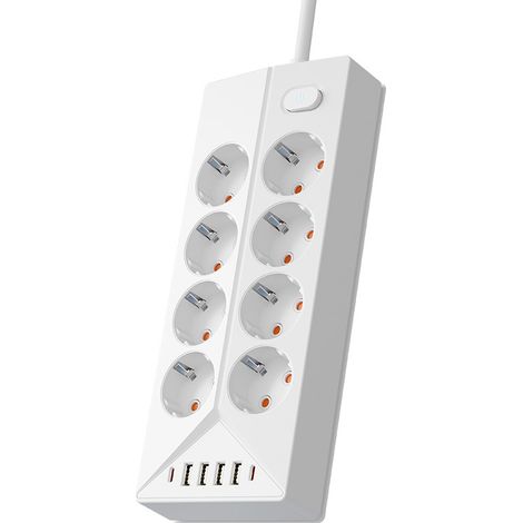 Multiprise EU 8 prises + 6 ports USB (2 Type-C + 4 USB-A), charge rapide, 2500W, pour Allemagne, France,Blanc (1/5)