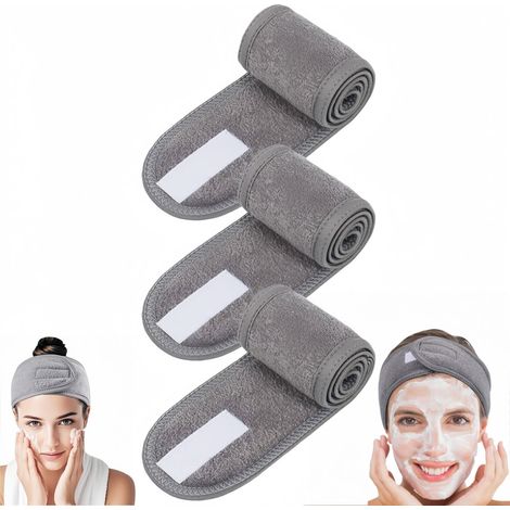 Conjunto de 3 piezas, diadema ajustable de tela de rizo, diadema facial para spa, cierre de velcro, diadema elástica, cinta para el cabello, gris, 62 x 8,5 cm, maquillaje, yoga, cuidado de la piel (1/5)