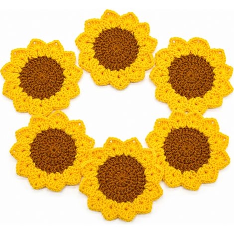 Dessous de Verre Crochet, Tournesol Coton 6 Pcs 12x12cm, Tapis de Table Fait Main, Absorbant Reutilisable pour Table Basse, Bureau, Cadeau (1/5)