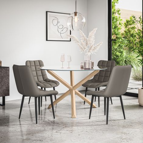 Malvern Round Dining Table And Chairs - Clear Glass Table Top w Solid Oak Legs + Nova Faux Leather Dining Chair Set Of 4 (Grey) (1/5)