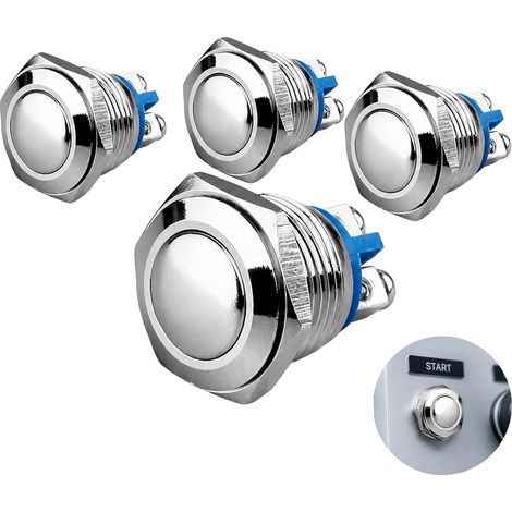 Bouton-Poussoir Étanche 16 mm en Métal, Interrupteur Momentané à Retour Automatique, Contact Normalement Ouvert, Bouton Bombé pour Montage sur Panneau, Lot de 4 (1/5)