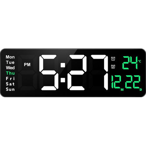 Horloge Murale Numérique LED 39 Cm Grosse Taille avec Affichage Heure, Date, Température, Minuterie et Alarme, Écran Vert Lumineux Réglable 10 Niveaux, Décoration Intérieure Salon (1/5)