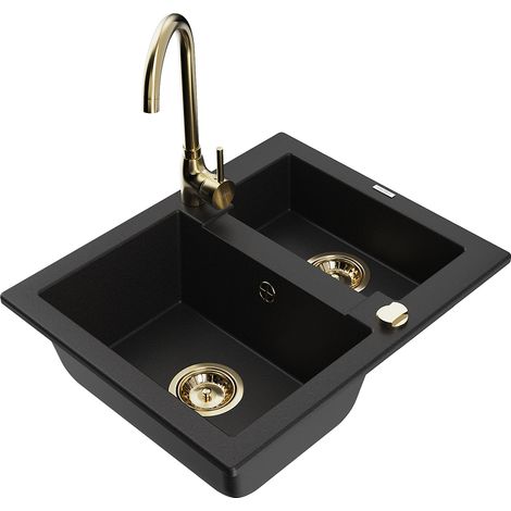 Mexen Carlos fregadero de granito de 1,5 cubetas con grifo de cocina Telma, negro - 6518-77-670200-50 (1/5)