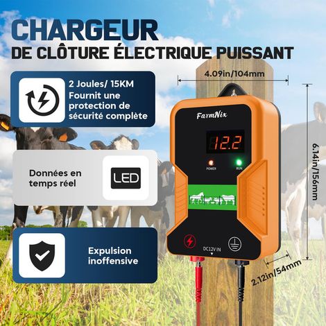 Électrificateur de Clôture Électrique 2 Joules 15 KM pour Animaux Chiens Chevaux Vaches Élevage Électrificateur sur Secteur Batterie 12V Solaire