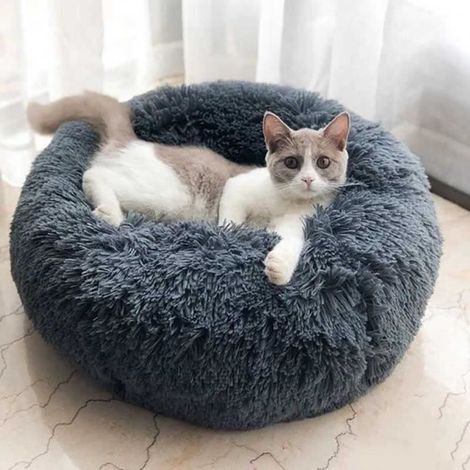 Lit moelleux rond pour Chat et Chien Extra large Lavable avec coussin-Diamètre extérieur gris foncé 60cm (1/4)