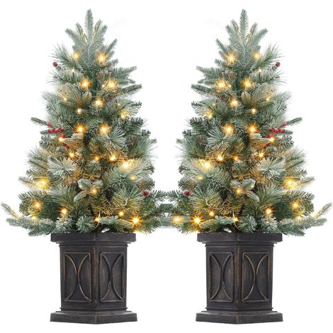 Sapin de Noël artificiel de table 90 cm enneigé floqué, base sac en jute, 78 LED blanc chaud, baies rouges & pommes de pin, déco intérieur – 8 modes + minuterie, boîtier à piles (1/5)