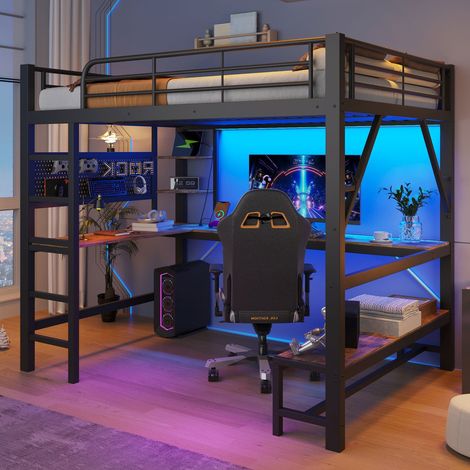 Lit Mezzanine 160 x 200 cm bureau intégré barrière de sécurité échelle à marches rangements prise USB et USB-C éclairage LED noir (1/5)