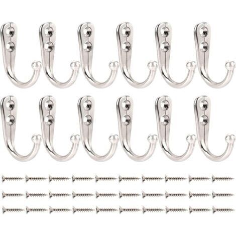 Set of 12 Individual Wall Hooks, Antique Chrome, Small, for Hanging Clothes, Jackets, Bathrobes, Towels, Hats, Keys, Bags and Mugs, Silver. (1/5)