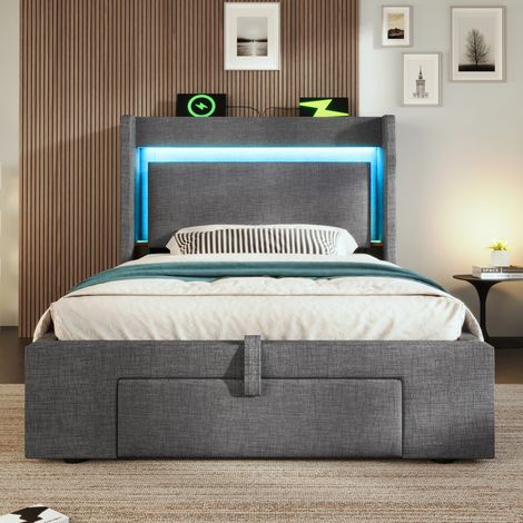 Bettgestell 90x200 cm grau aus Leinen mit Matratze, LED-Beleuchtung, USB-C und Stauraum (1/5)