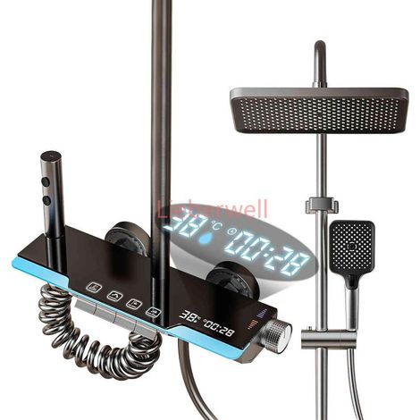 WUIETI Smart Thermostatic Shower System with LED Temperature Display, Rain Shower Head, Aluminum Alloy Panel with Shelf, Black, Set A (1/5)