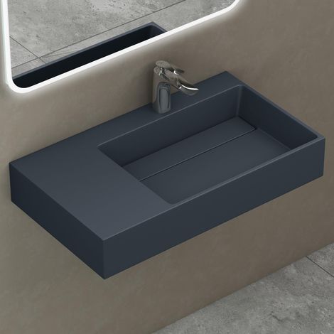 doporro Waschbecken Waschtisch 75x43x14 cm mit verstecktem Ablauf in matt Anthrazit aus Mineralguss als Aufsatzwaschbecken und Hängewaschbecken geeignet Colossum12-R