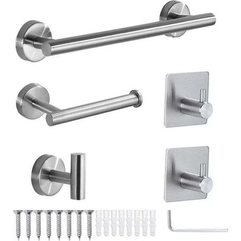 Bathroom Set 5 Pieces Towel Rack Paper Holder Multifunction Adhesive Hook Silver (1/4)