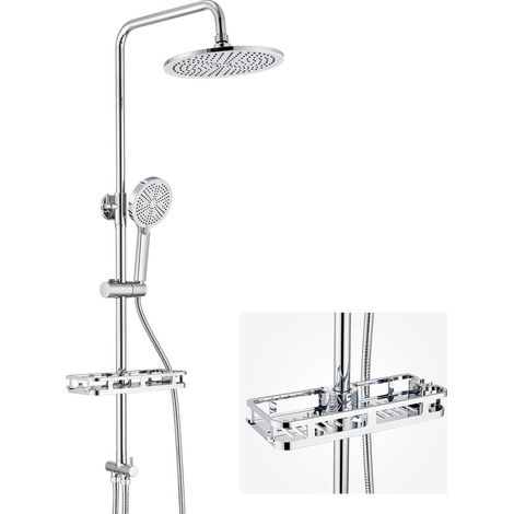 AURALUM MAX Sistema de ducha de acero inoxidable de 2 funciones con ducha de mano de 4 modos, rociador redondo, repisa y barra de ducha regulable en altura, cromado