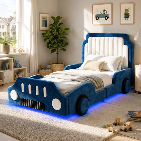 Cama infantil estilo coche 90x200 cm en terciopelo azul, con cabecero, barandillas acolchadas, LED y somier de láminas (1/5)
