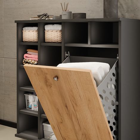 Cesto de ropa sucia Fynn, Antracita/roble dorado, 78.4 x 91.6 cm, Vicco