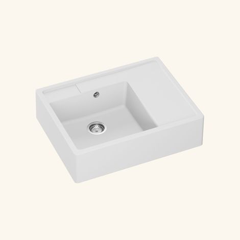Kümbad – Évier timbre d'office granit blanc grisé mat 80x63 cm – 1 bac – Égouttoir à droite – Vidage manuel – Bonde et siphon inclus